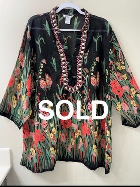 Silhouettes Sheer Floral Blouse Beaded Neck Tunic Top Boho 2X